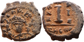Maurice Tiberius (582-602) Decanummium Obverse: Diademed Bust of Emperor. Reverse: Large I

18mm 4,20g

Artificial sand patina