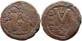 Justin II and Sophia (565-578) Follis Obverse: DN IVSTINVS PP AVG Justin and Sophia on thrones Reverse: Large M between ANNO and regnal year, above cr...