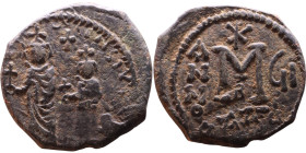 Heraclius and Hercalius Constantine (610-641) Follis. Obverse: Heraclius on left, Heraclius Constaninte on right, . Reverse: ANNO, Large M, cross abov...