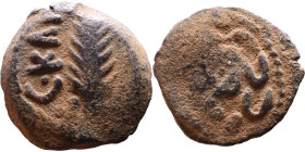 JUDAEA. Jerusalem mint. Porcius Festus (time of Nero, 59-62 AD). Bronze Prutah. Obv.: Palm-branch surrounded by L C•KAIC-APOC. Rev.: NEP • ωNO • C in ...