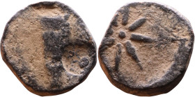 Alexander Jannaeus (104 – 76 BC) Prutarh. Obverse: Paleo-Hebrew (Yehonatan the King) between the rays of star with eight rays within diadem Reverse: B...