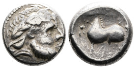 Celts in Eastern Europe. Circa 3rd century BC. Silver Tetradrachm (20.70 mm, 12.23 g.). Celticised, bearded head right, wearing reversed laurel wreath...