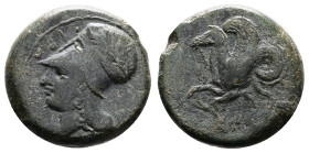 Sicily. Syracuse. Dionysios I. 405-367 BC. Bronze Litra (19.38 mm, 7.23 g.). Head of Athena left, wearing Corinthian helmet with neck guard and bowl d...