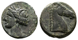 Zeugitana. Carthage. Circa 300-264 BC. Bronze (18.41 mm, 4.35 g.). Head of Tanit left. Rev. Horse’s head left, uncertain Punic letter to right. cf. MA...
