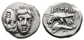 Moesia. Istros. Circa 256-240 BC. Silver Drachm (18.08 mm, 5.01 g.). Two young male heads facing, right head inverted. Rev. IΣTPIH. Sea-eagle on dolph...