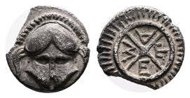 Thrace. Mesembria. Circa 450-350 BC. Silver Diobol (10.04 mm, 1.11 g.). Crested helmet facing. Rev. ΜΕΣΑ in four quarters of a radiate wheel. S.1673; ...