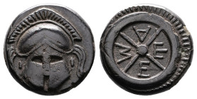Thrace. Mesembria. Circa 300-200 BC. Bronze (16.74 mm, 5.10 g.). Facing Corinthian helmet. Rev. ΜΕΤΑ within spiked wheel. SNG BM Black Sea 272; SNG St...