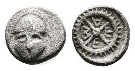 Thrace. Mesembria. Circa 4th century BC. Silver Obol (8.06 mm, 0.56 g.). Facing Corinthian helmet. Rev. ΜΕΤΑ in four-spoked wheel. HGC 3.2, 1566; cf. ...
