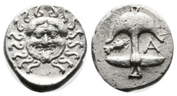 Thrace. Apollonia Pontika. Circa 480-470 BC. Silver Drachm (14.98 mm, 3.30 g.). Facing Gorgoneion with tongue protruding, serpents around. Rev. Uprigh...