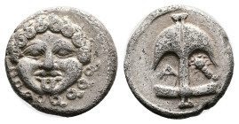 Thrace. Apollonia Pontika. Late 5th-4th century BC. Silver Drachm (14.25 mm, 2.84 g.). Facing gorgoneion with tongue protruding. Rev. Anchor; crayfish...