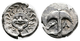 Thrace. Apollonia Pontika. Circa 480-470 BC. Silver Drachm (14.66 mm, 3.28 g.). Facing gorgoneion with tongue protruding, serpents around. Rev. Uprigh...