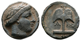 Thrace. Apollonia Pontika. Mid 4th-3rd centuries BC. Bronze (17.19 mm, 4.51 g.). Laureate head of Apollo right. Rev. Upright anchor; A to left, uniden...