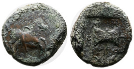Thrace. Metokos. Circa 408-389 BC. Bronze (23.80 mm, 14.64 g.). Horse prancing right. Rev. MHTOKO around Labrys (double axe) with handle doubling as l...