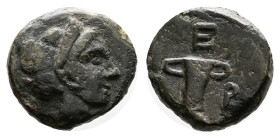 Thrace. Kypsela. Kersebleptes. Circa 359-340 BC. Bronze (11.55 mm, 1.69 g.). Female head right, wearing sphendone. Rev. K–E–P. Two-handled cup; grain ...
