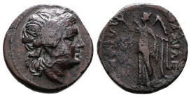 Thrace. Kavaros. Circa 230/25-218 BC. Bronze (20.40 mm, 6.78 g.). Laureate head of Apollo right. Rev. BAΣIΛEΩΣ KAYAPOY. Nike standing left, crowning t...
