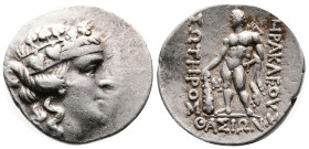 Thrace. Thasos. Circa 100-75 BC. Silver Tetradrachm (32.04 mm, 17 g.). Wreathed head of young Dionysos right. Rev. ΗΡΑΚΛΕΟVΣ / ΣΩΤΗΡΟΣ / ΘΑΣΙΩΝ. Herak...