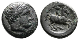 Kings of Macedon. Philip II. 359-336 BC. Bronze (17.22 mm, 6.50 g.). Uncertain mint. Diademed head of Apollo right. Rev. ΦΙΛΙΠΠΟΥ. Youth on horseback ...