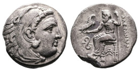 Kings of Macedon. Alexander III "the Great". Circa 323-317 BC. Silver Drachm (16.8 mm, 4.06 g.). Lampsakos. Head of Herakles right, wearing lion skin....