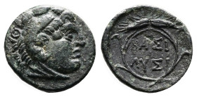Thrace. Lysimacheia. Lysimachos. 306-281 BC. Bronze (14.24 mm, 1.60 g.). Head of Lysimachos as Herakles right, wearing lion-skin headdress. Rev. BAΣI ...