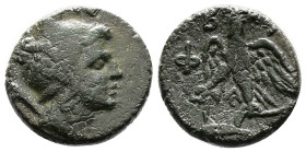 Kings of Macedon. Philip V. Circa 200/197-179 BC. Bronze (20.94 mm, 7.93 g.). Pella or Amphipolis. Helmeted head of Perseus right, harpa over shoulder...