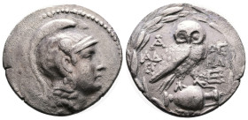 Attica. Athens. Circa 165-42 BC. ‘New Style’ coinage. Silver Tetradrachm (32.05 mm, 15.99 g.). Head of Athena right, wearing triple-crested Attic helm...