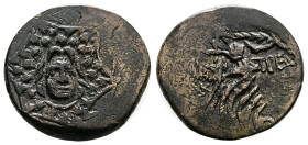 Paphlagonia. Amastris. Circa 85-65 BC. Bronze (21.11 mm, 7.85 g.). Aegis. Rev. AMAΣTPEΩΣ. Nike advancing right, holding long palm frond; monogram to l...