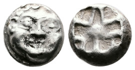 Mysia. Parion. Circa 5th century BC. Silver Drachm (11.8 mm, 3.3 g.). Facing Gorgoneion with protruding tongue. Rev. Cruciform-like quadripartite incu...