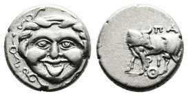 Mysia. Parion. Circa 400-300 BC. Silver Hemidrachm (13.03 mm, 2.36 g.). Facing Gorgoneion, serpents around. Rev. ΠΑ / ΡΙ. Cow standing left, head righ...