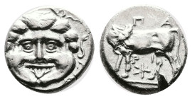 Mysia. Parion. 4th century BC. Silver Hemidrachm (12.72 mm, 2.40 g.). Gorgoneion. Rev. ΠA–PI. Bull standing left, head right; six-pointed star below. ...