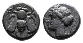 Ionia. Ephesos. Circa 375 BC. Bronze (10.34 mm, 1.42 g.). Female head to left, wearing stephanos. Rev. Bee; E-Φ across fields. BMC 14.55, 68, 69; SNG ...
