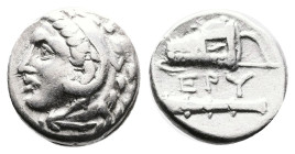 Ionia. Erythrai. Circa 250-200 BC. Silver Hemidrachm (11.28 mm, 1.72 g.). Head of young Herakles left, wearing lion skin headdress. Rev. EPY. Bow in c...