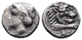 Caria. Knidos. Circa 350-330/20 BC. Silver Drachm (15.41 mm, 3.11 g.). Head of Artemis left. Rev. Forepart of lion right. BMC 89, 34. Very fine with a...