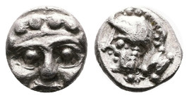 Pisidia. Selge. Circa 3rd century BC. Silver Obol (8.82 mm, 0.96 g.). Facing Gorgoneion. Rev. Helmeted head of Athena left; astragalos to right. SNG F...