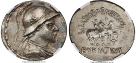 BACTRIAN KINGDOM. Eucratides I the Great (ca. 170-145 BC). AR tetradrachm (31mm, 16.99 gm, 11h). NGC Choice AU 5/5 - 4/5, Fine Style. Draped, cuirasse...