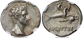 Augustus (27 BC-AD 14). AR denarius (19mm, 3.98 gm, 7h). NGC AU S 5/5 - 4/5. Spain (Colonia Patricia?), ca. 18-16 BC. Bare head of Augustus right with...