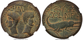 Augustus (27 BC-AD 14), with Marcus Agrippa (died 12 BC). AE dupondius (21mm, 11.48 gm, 11h). NGC XF 4/5 - 4/5. Gaul, Nemausus, ca. 16-10 BC. IMP / DI...