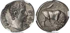Augustus (27 BC-AD 14). AR denarius (19mm, 3.43 gm, 8h). NGC Choice AU 5/5 - 2/5. Lugdunum, ca. 15-13 BC. AVGVSTVS-DIVI•F, bare head of Augustus right...