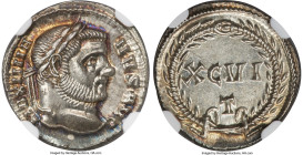 Maximian, as Augustus (AD 286-310). AR argenteus (18mm, 2.94 gm, 11h). NGC MS S 5/5 - 4/5. Ticinum, c. AD 300 AD. MAXIMIA-NVS AVG, laureate head of Ma...