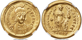 Honorius, Western Roman Empire (AD 393-423). AV solidus (21mm, 4.50 gm, 7h). NGC Choice AU 4/5 - 2/5, graffito, die shift. Constantinople, 5th officin...