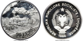 People's Socialist Republic platinum Specimen Essai "Train" 50 Leke 1986 SP66 PCGS, KM-Unl. A rare Pattern in platinum, with only five listed on the P...