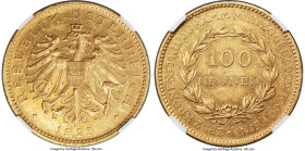 Republic gold Prooflike 100 Kronen 1923 PL62 NGC, Vienna mint, KM2831, Fr-518. Low-mintage date. Quite reflective, invigorated by its ultra-sharp stri...