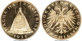 Republic gold Prooflike 100 Schilling 1936 PL65 NGC, Vienna mint, KM2857, Fr-522. Scarce, low-mintage type. A light Cameo effect is found on the image...