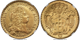 João V gold 6400 Reis (Peça) 1727-B AU55 NGC, Bahia mint, KM137, LMB-81 (this coin), Guimaraes-1727.B-1.1 (5 Known). First type, oval shield. This ube...