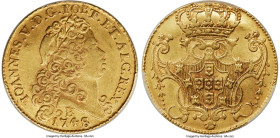 João V gold "West Indies Imitation" 6400 Reis (Peça) 1748-B XF45 PCGS, Bahia mint, cf. KM151, cf. LMB-148. 12.92gm. An intriguing selection designated...
