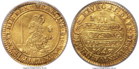 Charles I gold Triple Unite 1643 AU50 NGC, Oxford mint, Plume mm, KM256.2, S-2727, N-2382 (VR). Tall narrow bust without scarf, continuous reverse scr...