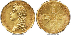 James II gold 5 Guineas 1686 AU55 NGC, KM460.1, S-3396. The key of the James II 5 Guineas series, seen without any reliable regularity at our firm but...