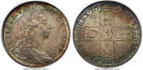 William III 1/2 Crown 1698 MS64 PCGS, KM492.2, S-3494. A brilliant near-Gem specimen, with legends ringed with turquoise, moss, plum, and amber, radia...