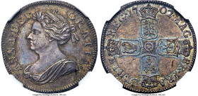 Anne Shilling 1702 MS62 NGC, KM509.1, S-3583. First bust, longer hair tie. Weathered slate surfaces with subtle hues of blue and violet dominate this ...