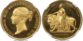 Victoria gold Proof "Una and the Lion" 5 Pounds 1839 PR61 Ultra Cameo NGC, KM742, S-3851, W&R-279 (R2). Medal alignment. DIRIGE legend. Small lettered...