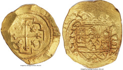 Philip V gold Cob 8 Escudos 1713 MXo-J MS62 PCGS, Mexico City mint, KM57.1, Cal-2211, Fr-6. A modified cross (and its border shape) distinguishes this...